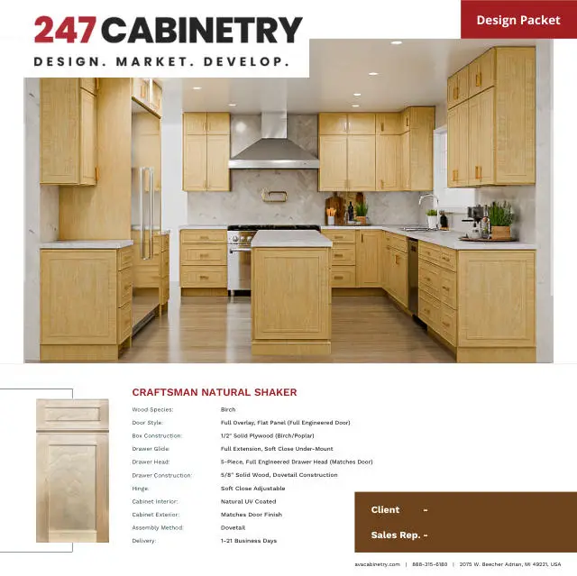 Cover rendering & door specification: Photorealistic 3D rendering of a U-shaped kitchen with island in Craftsman Natural Shaker (birch), with the full cabinet construction spec.