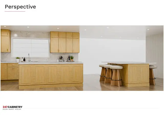 3D perspective rendering: A second photorealistic view showing the sink wall, island seating and natural shaker finish.