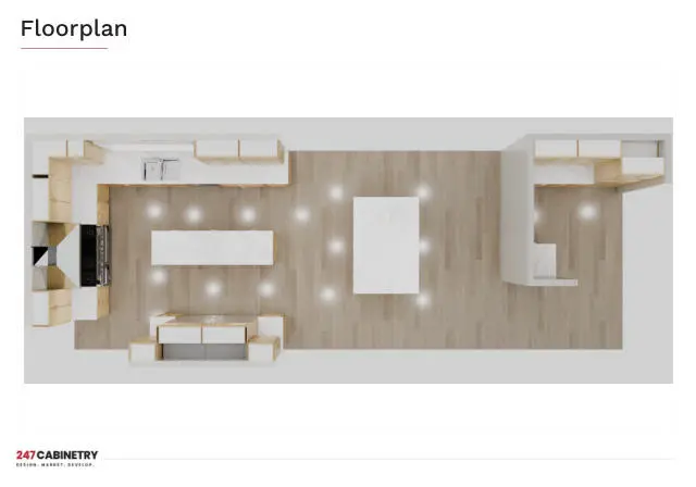 3D floor plan: A rendered top-down view of the kitchen, island, pantry and lighting layout.