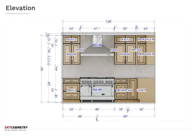 Range wall elevation: 128-inch range wall with 48-inch range, chimney hood, stacked wall cabinets and lazy susan corner.