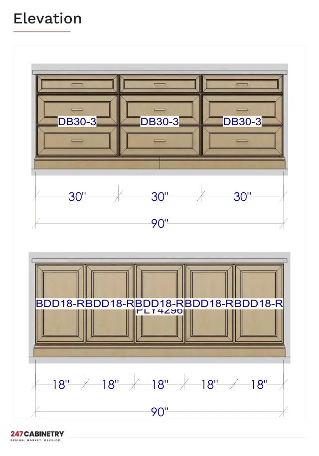 Island elevations: Both sides of the 90-inch island: drawer bases on the work side and paneled doors on the seating side.