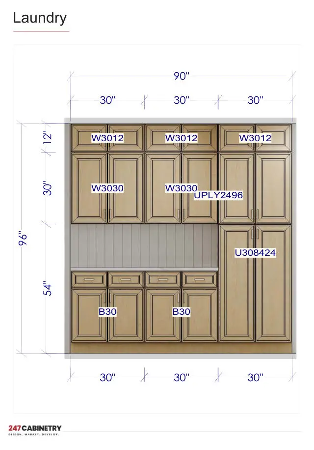 Laundry / pantry elevation: 90-inch laundry and pantry wall with utility tall cabinet and stacked uppers.