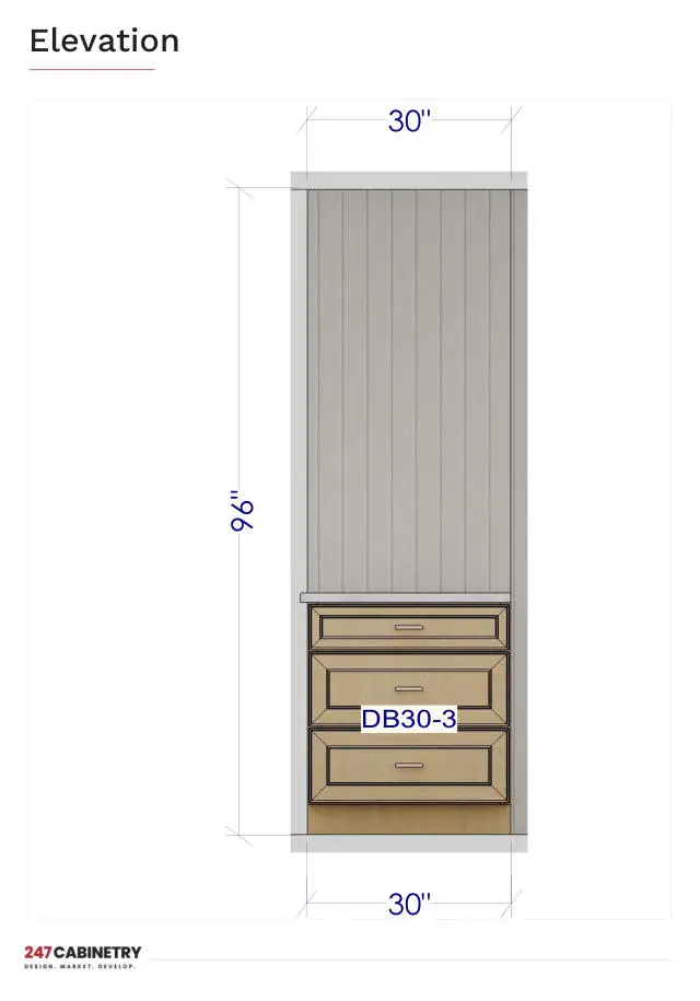 Drawer base elevation: 30-inch drawer base detail with countertop line and dimensions.